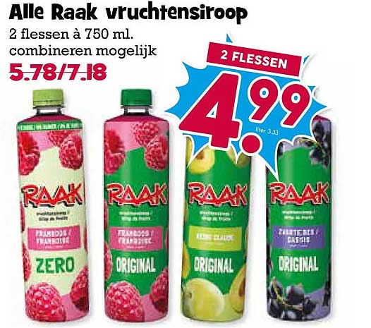Alle Raak vruchtensiroop 2 flessen à 750 ml, combineren mogelijk