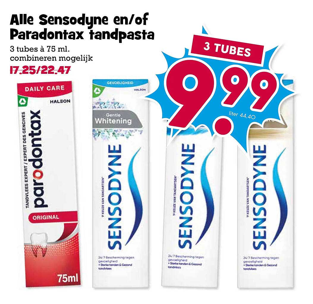 Alle Sensodyne en/of Paradontax tandpasta 3 tubes à 75 ml, combineren mogelijk