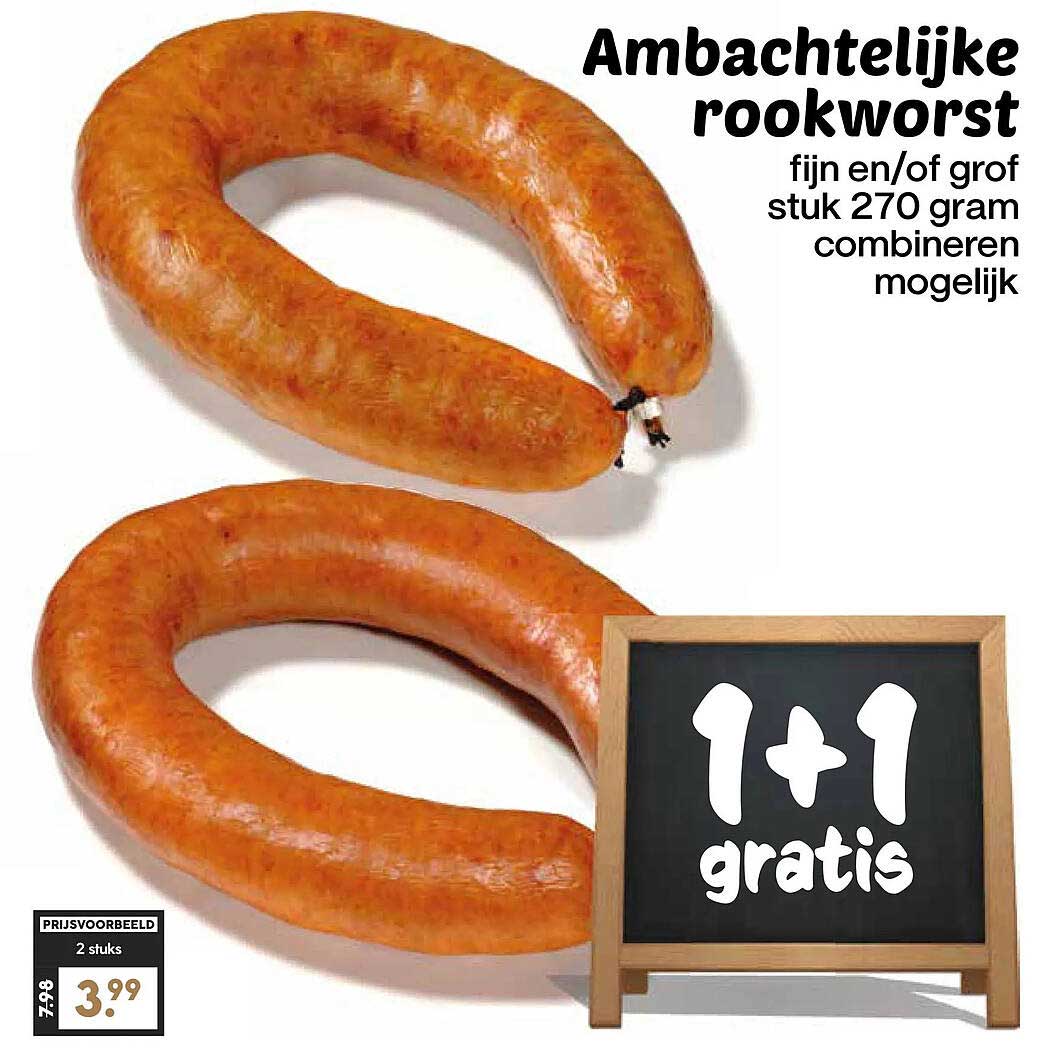Ambachtelijke rookworst fijn en/of grof stuk 270 gram combineren mogelijk 1+1 gratis