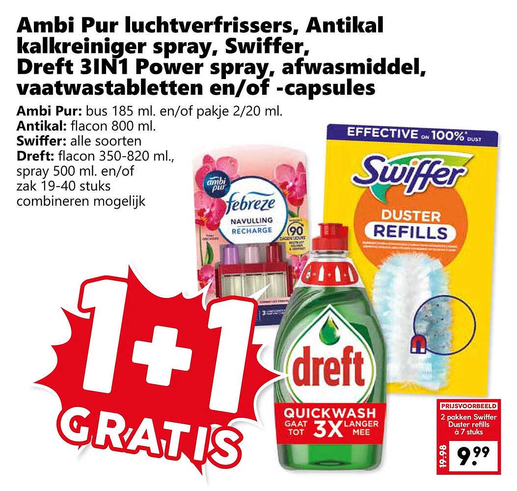 Ambi Pur luchtverfrissers, Antikal kalkreiniger spray, Swiffer, Dreft 3IN1 Power spray, afwasmiddel, vaatwastabletten en/of -capsules 1+1 GRATIS
