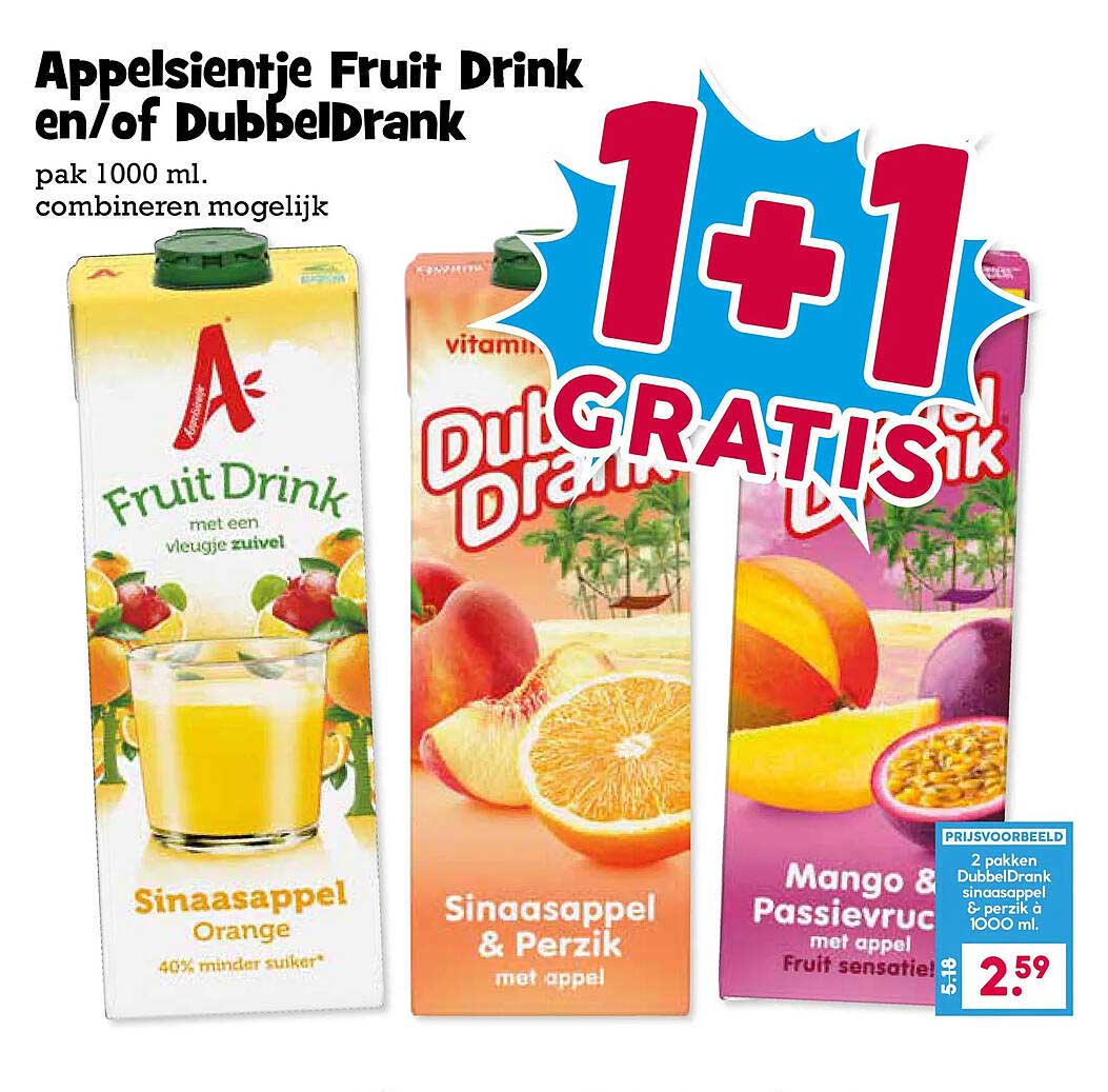 Appelsientje Fruit Drink en/of DubbelDrank pak 1000 ml combineren mogelijk 1+1 GRATIS