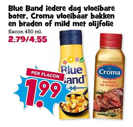 Blue Band iedere dag vloeibare boter, Croma vloeibaar bakken en braden of mild met olijfolie