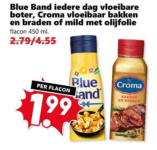 Blue Band iedere dag vloeibare boter, Croma vloeibaar bakken en braden of mild met olijfolie