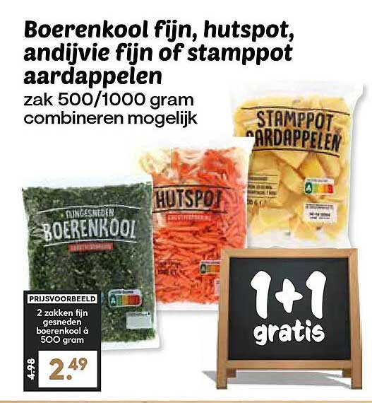 Boerenkool fijn, hutspot, andijvie fijn of stamppot aardappelen zak 500/1000 gram combineren mogelijk 1+1 gratis