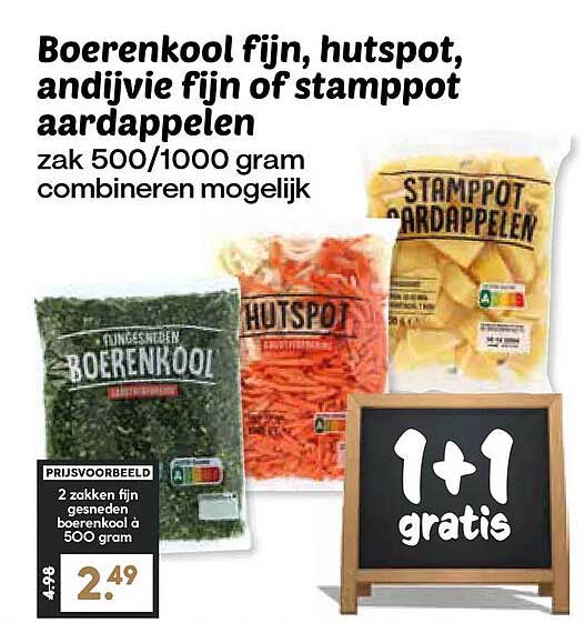 Boerenkool fijn, hutspot, andijvie fijn of stamppot aardappelen zak 500/1000 gram combineren mogelijk 1+1 gratis