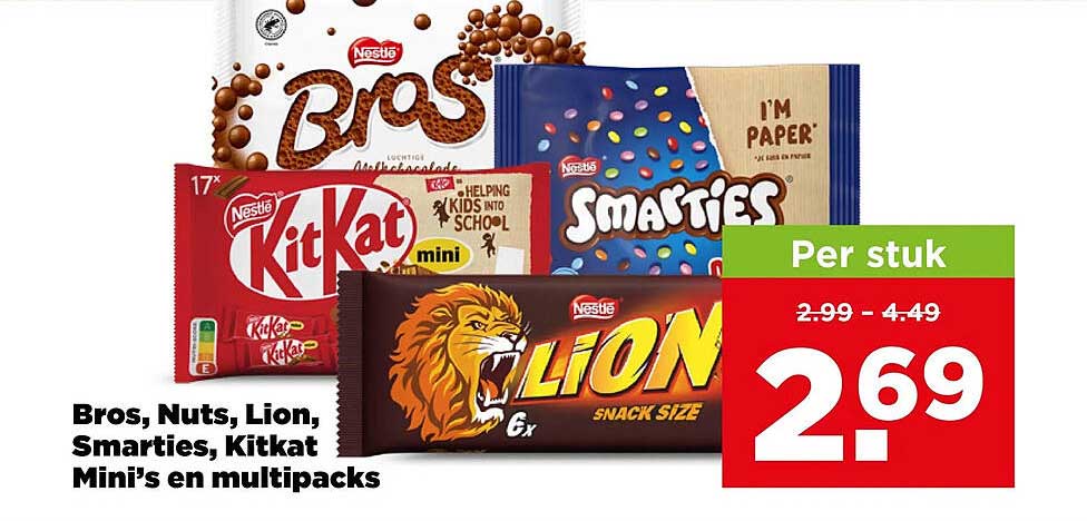 Bros, Nuts, Lion, Smarties, Kitkat Mini’s en multipacks
