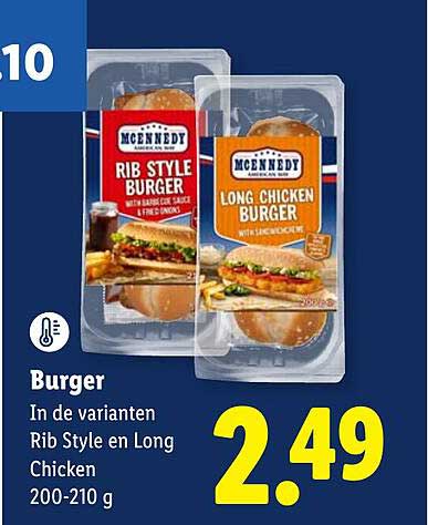 Burger In de varianten Rib Style en Long Chicken 200-210 g