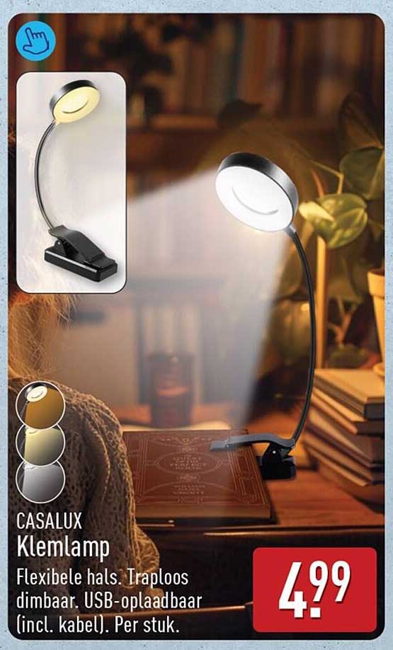 CASALUX Klemlamp Flexibele hals. Traploos dimbaar. USB-oplaadbaar (incl. kabel). Per stuk.