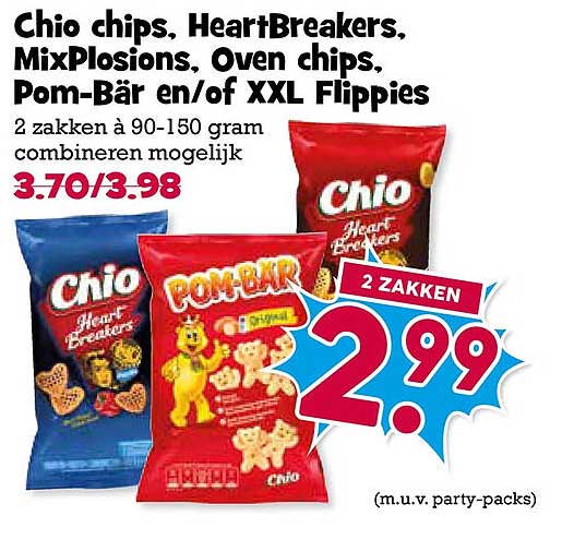 Chio chips, HeartBreakers, MixPlisions, Oven chips, Pom-Bär en/of XXL Flippies 2 zakken