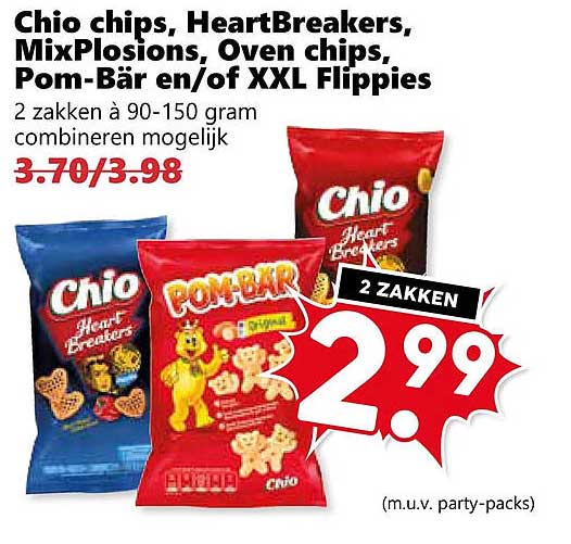 Chio chips, HeartBreakers, MixPlosions, Oven chips, Pom-Bär en/of XXL Flippies 2 zakken