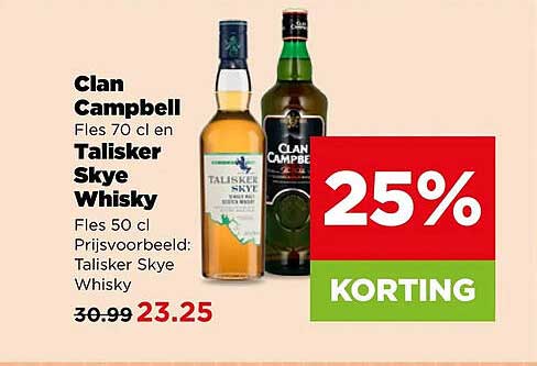 Clan Campbell Fles 70 cl en Talisker Skye whisky Fles 50 cl Prijsvoorbeeld: Talisker Skye Whisky 25% korting