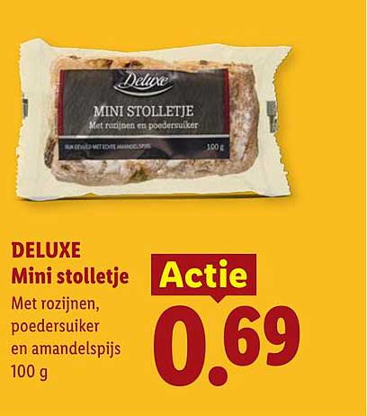 DELUXE Mini stolletje Met rozijnen, poedersuiker en amandelspijs 100 g Actie
