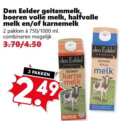 Den Eelder geitenmelk, boeren volle melk, halfvolle melk en/of karnemelk