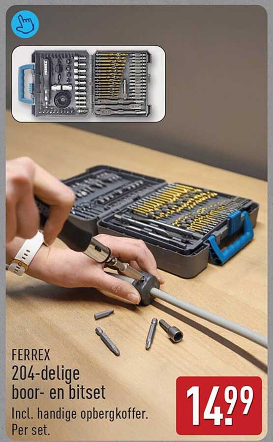 FERREX 204-delige boor- en bitset Incl. handige opbergkoffer. Per set.