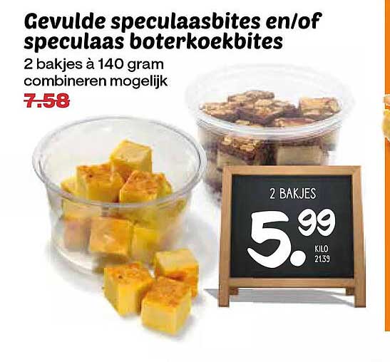 Gevulde speculaasjes en/of speculaas boterkoekbites 2 bakjes à 140 gram combineren mogelijk