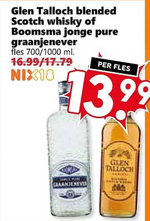 Glen Talloch blended Scotch whisky of Boomsma jonge pure graanjenever fles 700/1000 ml. NIX18 PER FLES