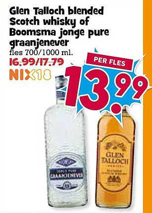 Glen Talloch blended Scotch whisky of Boomsma jonge pure graanjenever NIX18 PER FLES