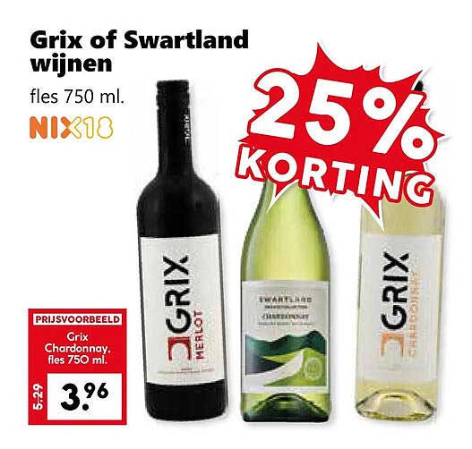 Grix of Swartland wijnen fles 750 ml. 25% KORTING