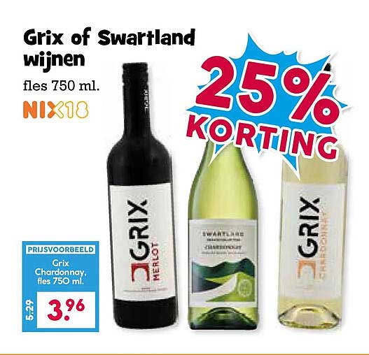Grix of Swartland wijnen fles 750 ml. 25% KORTING