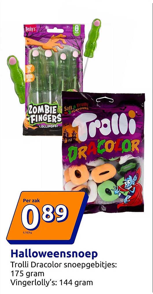 Halloween snoep TROLLI DRACOLOR snoegebitjes: 175 gram Vingerlolly’s: 144 gram