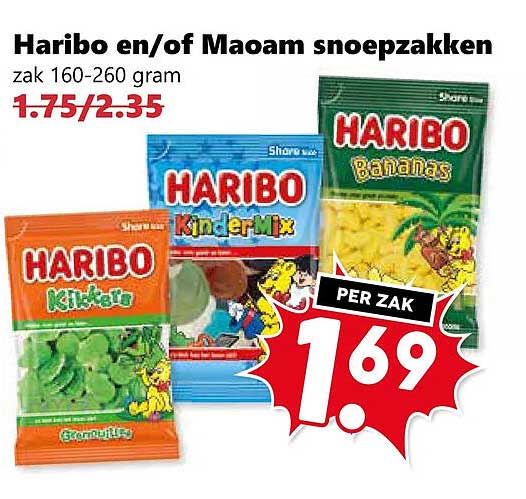 Haribo en/of Maoam snoepzakken zak 160-260 gram