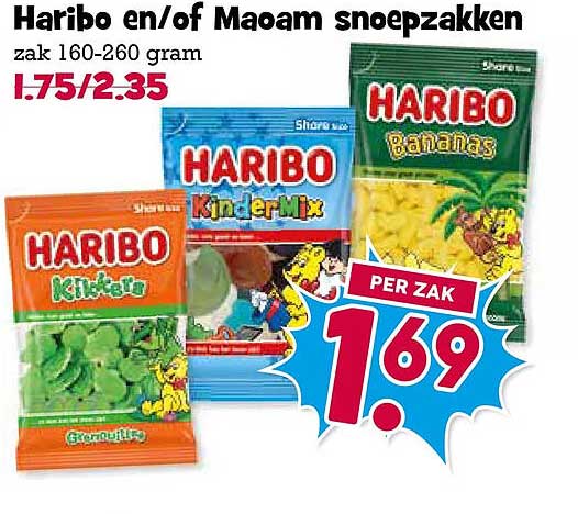 Haribo en/of Maoam snoepzakken zak 160-260 gram