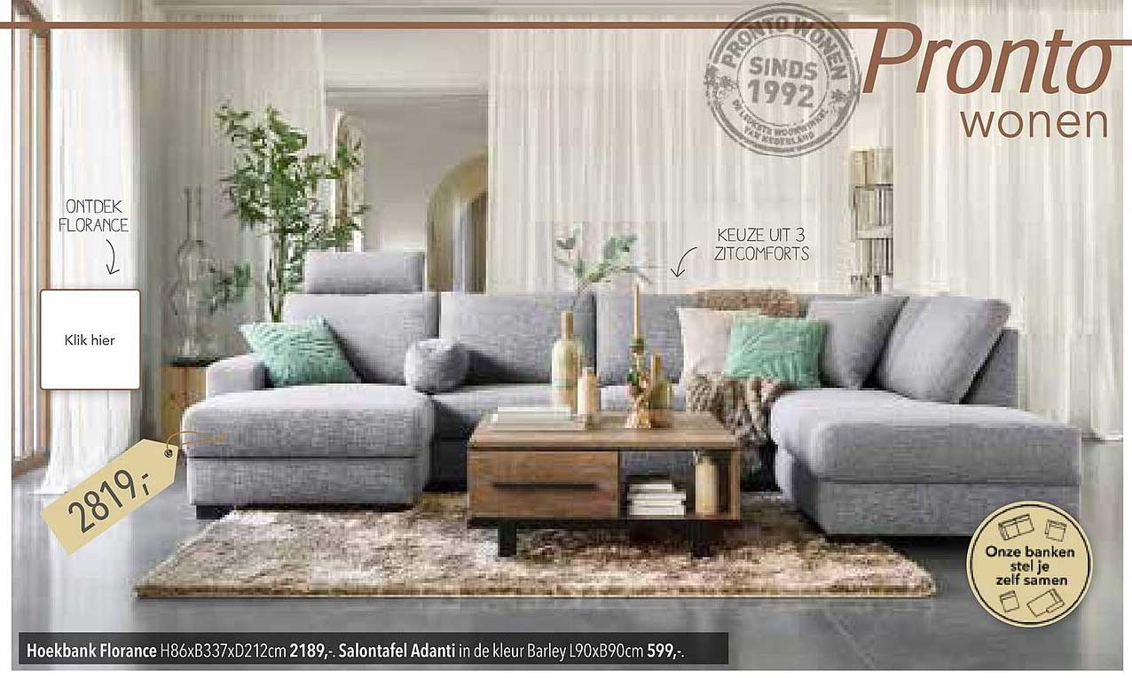 Hoekbank Florance H86xB337xD212cm 2819,-. Salontafel Adanti in de kleur Barley L90xB90cm 599,-