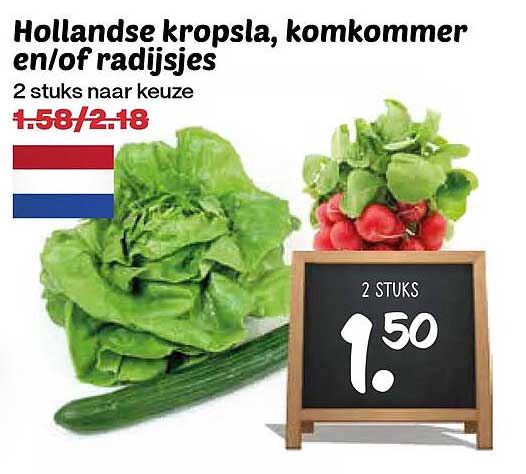 Hollandse kropsla, komkommer en/of radijsjes 2 stuks naar keuze