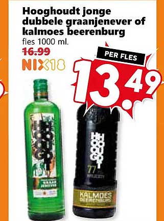 Hooghout jonge dubbele graanjenever of kalmoes bierenburg fles 1000 ml. PER FLES