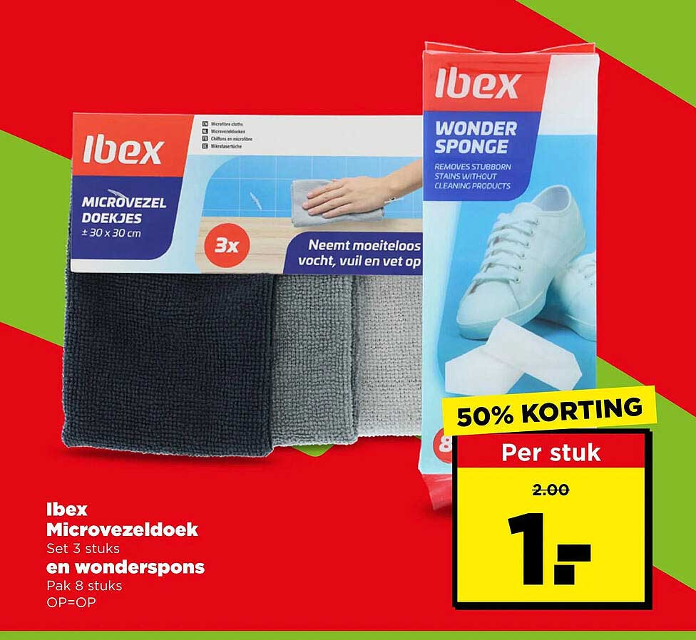 Ibex Microvezeldoek Set 3 stuks en wonderspons Pak 8 stuks 50% korting
