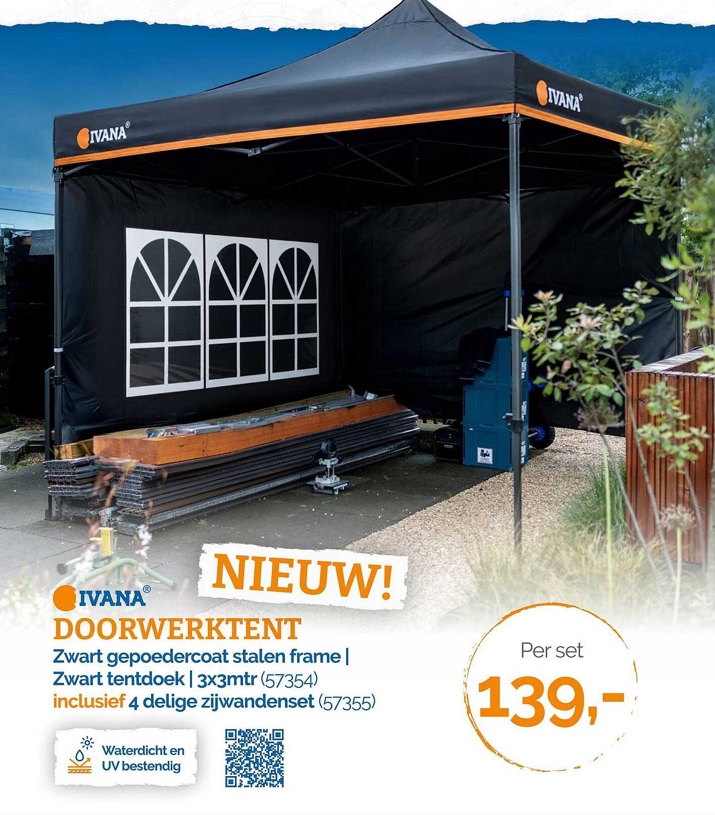 IVANA DOORWERKTENT Zwart gepoedercoat stalen frame | Zwart tentdoek | 3x3mtr (57354) inclusief 4 delige zijwandenset (57355)