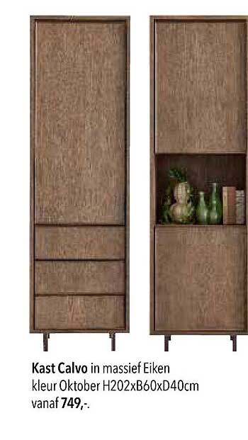 Kast Calvo in massief Eiken kleur Oktober H202xB60xD40cm vanaf 749,-