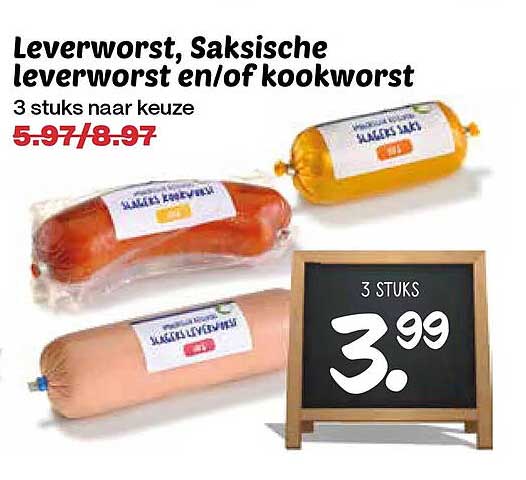 Leverworst, Saksische leverworst en/of kookworst 3 stuks naar keuze