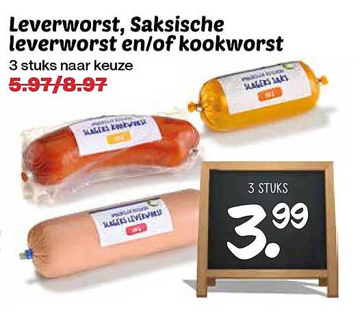Leverworst, Saksische leverworst en/of kookworst 3 stuks naar keuze