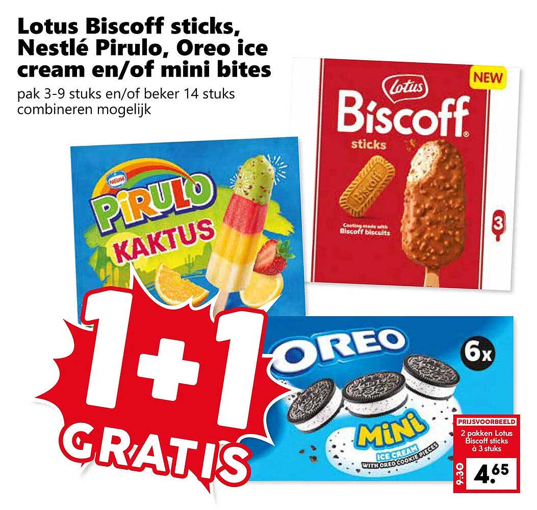 Lotus Biscoff sticks, Nestlé Pirulo, Oreo ice cream en/of mini bites 1+1 gratis