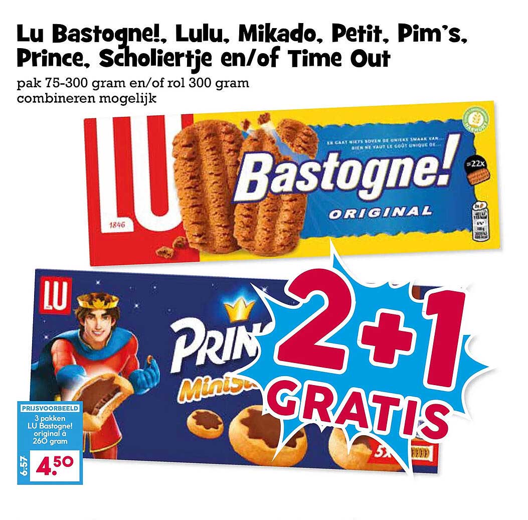 Lu Bastogne!, Lulu, Mikado, Petit, Pim’s, Prince, Schogertje en/of Time Out 2+1 GRATIS