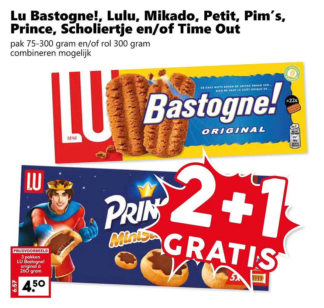 Lu Bastogne!, Lulu, Mikado, Petit, Pim’s, Prince, Scholiertje en/of Time Out 2+1 gratis