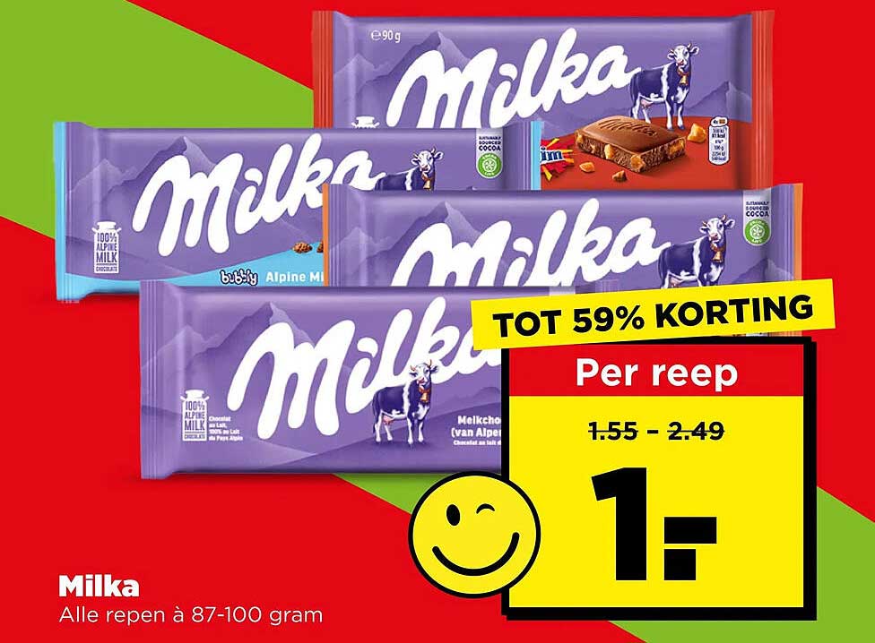Milka Alle repen à 87-100 gram TOT 59% KORTING