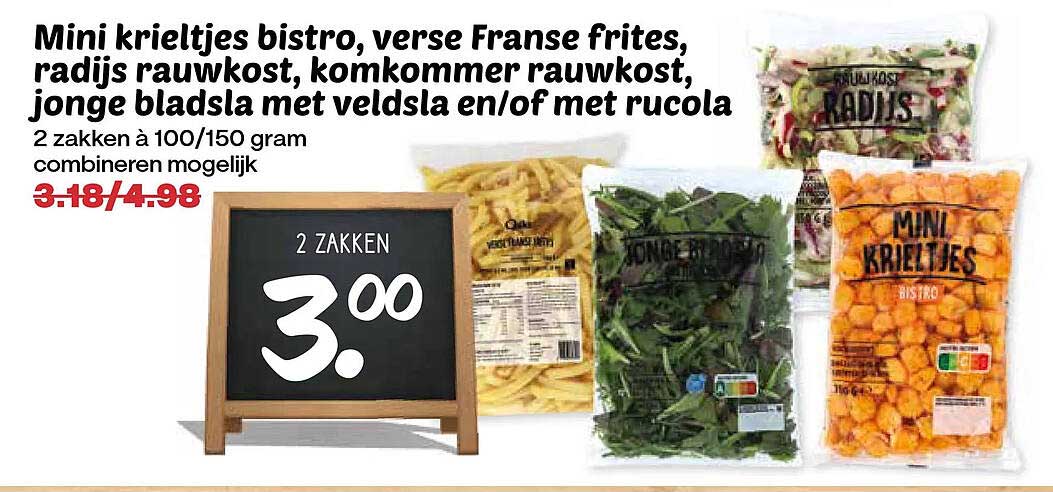 Mini krieltjes bistro, verse Franse frites, radijs rauwkost, komkommer rauwkost, jonge bladsla met veldsla en/of met rucola