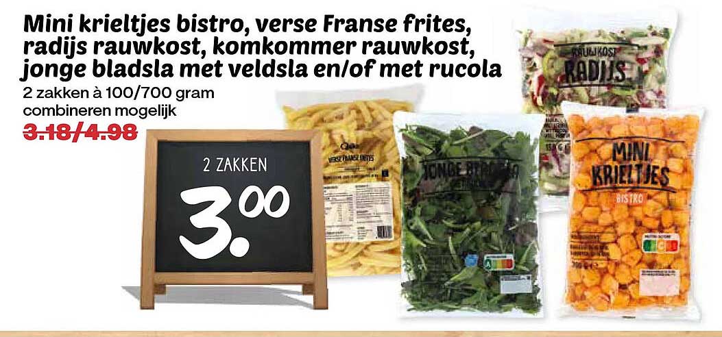 Mini krieltjes bistro, verse Franse frites, radijs rauwkost, komkommer rauwkost, jonge bladsla met veldsla en/of met rucola