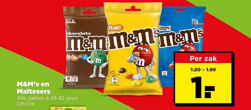 M&M’s en Maltesers Alle zakken à 68-82 gram OP=OP