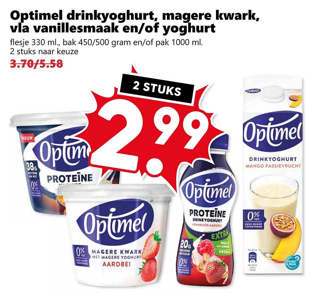 Optimel drinkyoghurt, magere kwark, vla vanillesmaak en/of yoghurt 2 stuks naar keuze