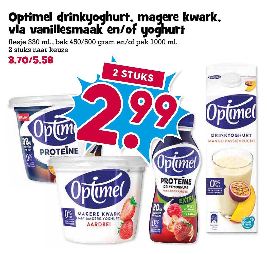 Optimel drinkyoghurt, magere kwark, vla vanillesmaak en/of yoghurt 2 stuks naar keuze