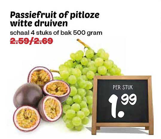 Passiefruit of pitloze witte druiven schaal 4 stuks of bak 500 gram