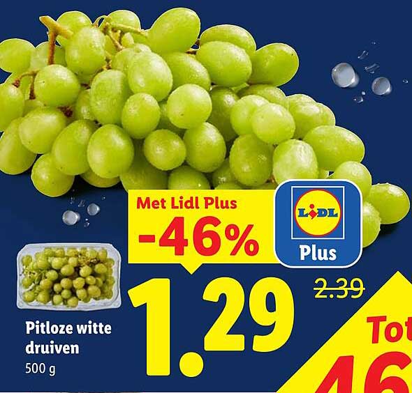 Pitloze witte druiven 500 g Met Lidl Plus -46%