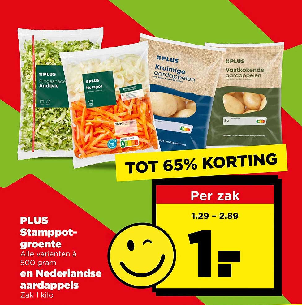PLUS Stamppot-groente Alle varianten à 500 gram en Nederlandse aardappels Zak 1 kilo TOT 65% KORTING