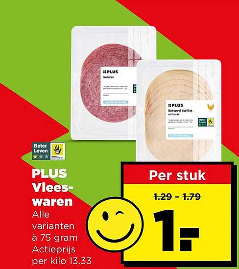 PLUS Vleeswaren Alle varianten à 75 gram Actieprijs per kilo 13.33