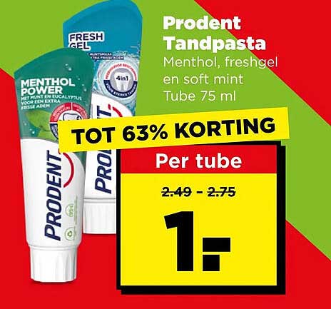 Prodent Tandpasta Menthol, freshgel en soft mint Tube 75 ml TOT 63% KORTING Per tube