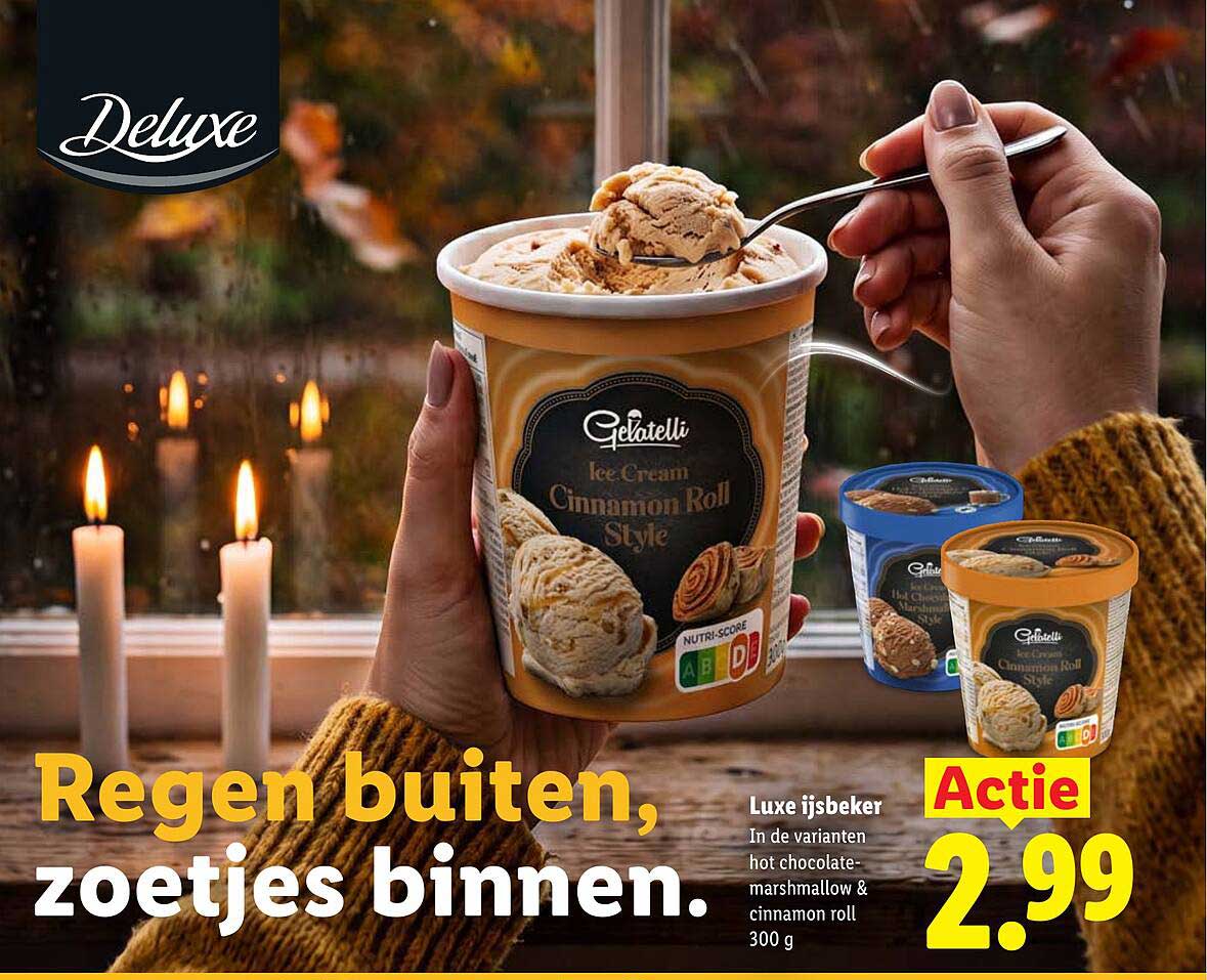 Regen buiten, zoetjes binnen. Luxe ijsbeker in de varianten hot chocolate-marshmallow & cinnamon roll 300 g Actie