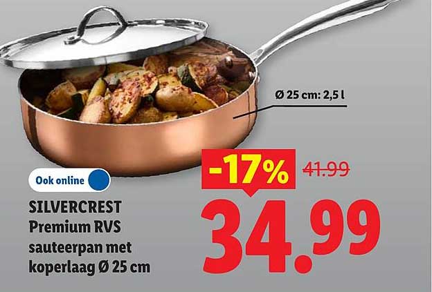SILVERCREST Premium RVS sauteerpan met koperen laag Ø 25 cm -17%